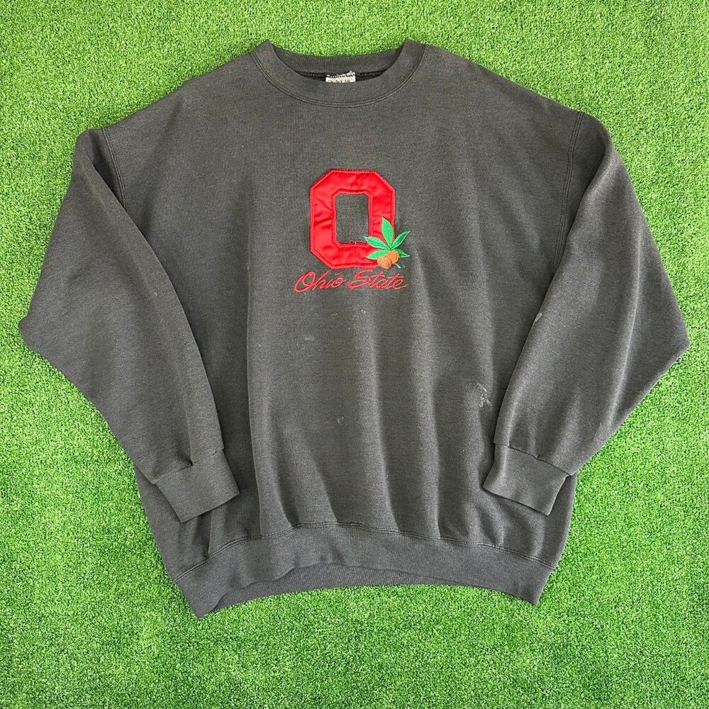 American Vintage Black Sweatshirt with Red Ohio State Logo and Green Leaf